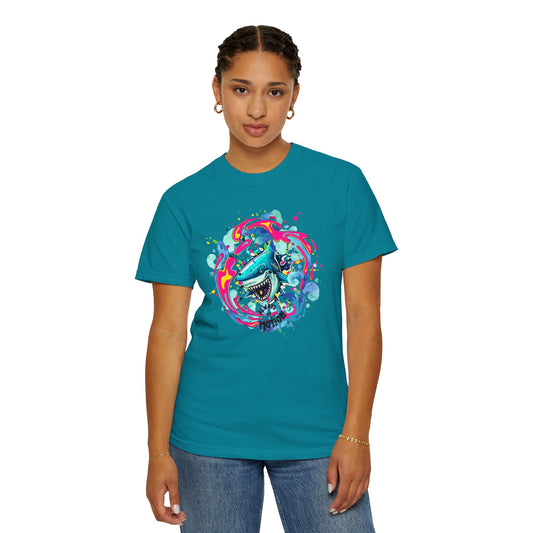 Aggressive Shark In Colorful Motion Design T-shirt