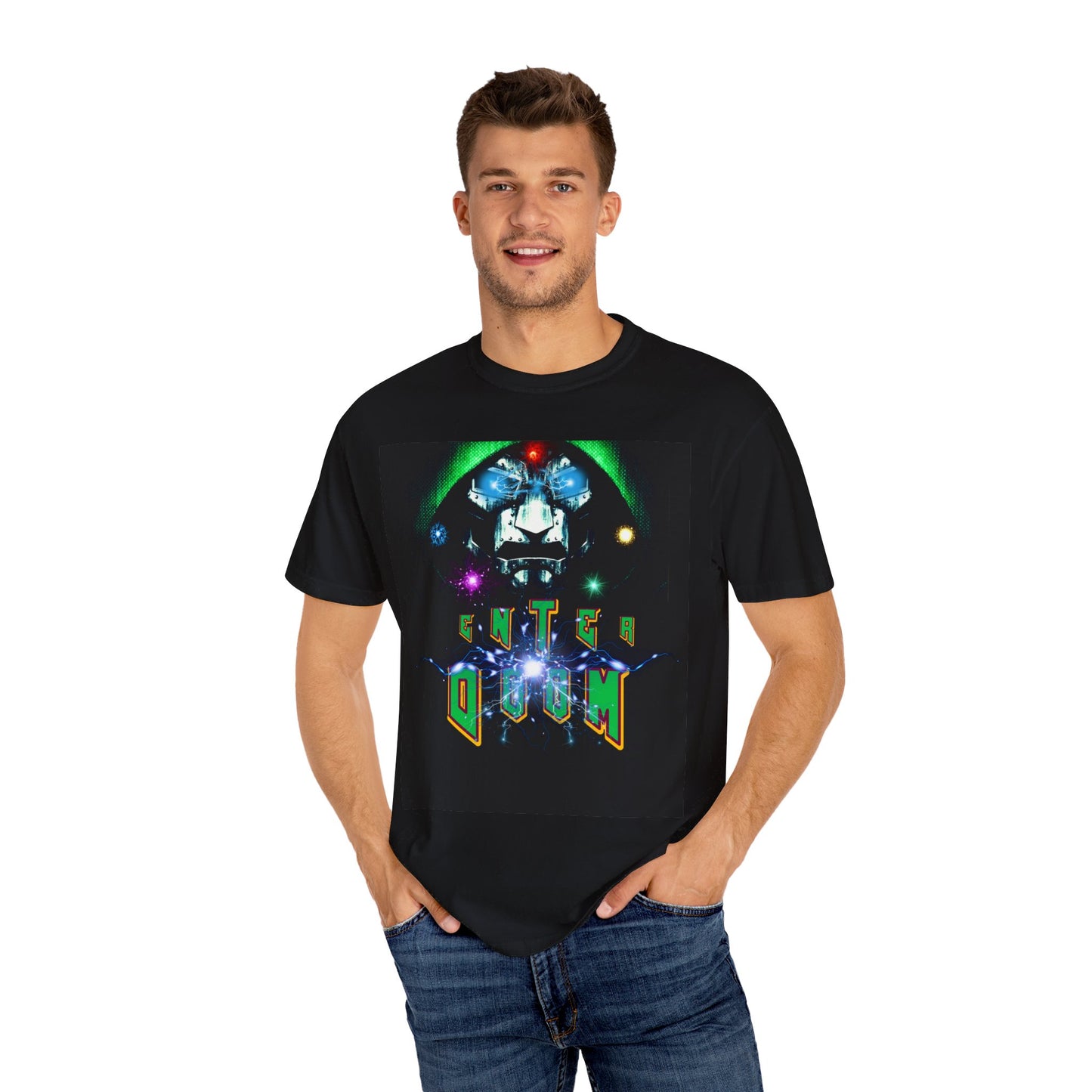 Classic Dr. Doom Mask With Colorful Lightning Effects Comfort Colors Unisex T-shirt