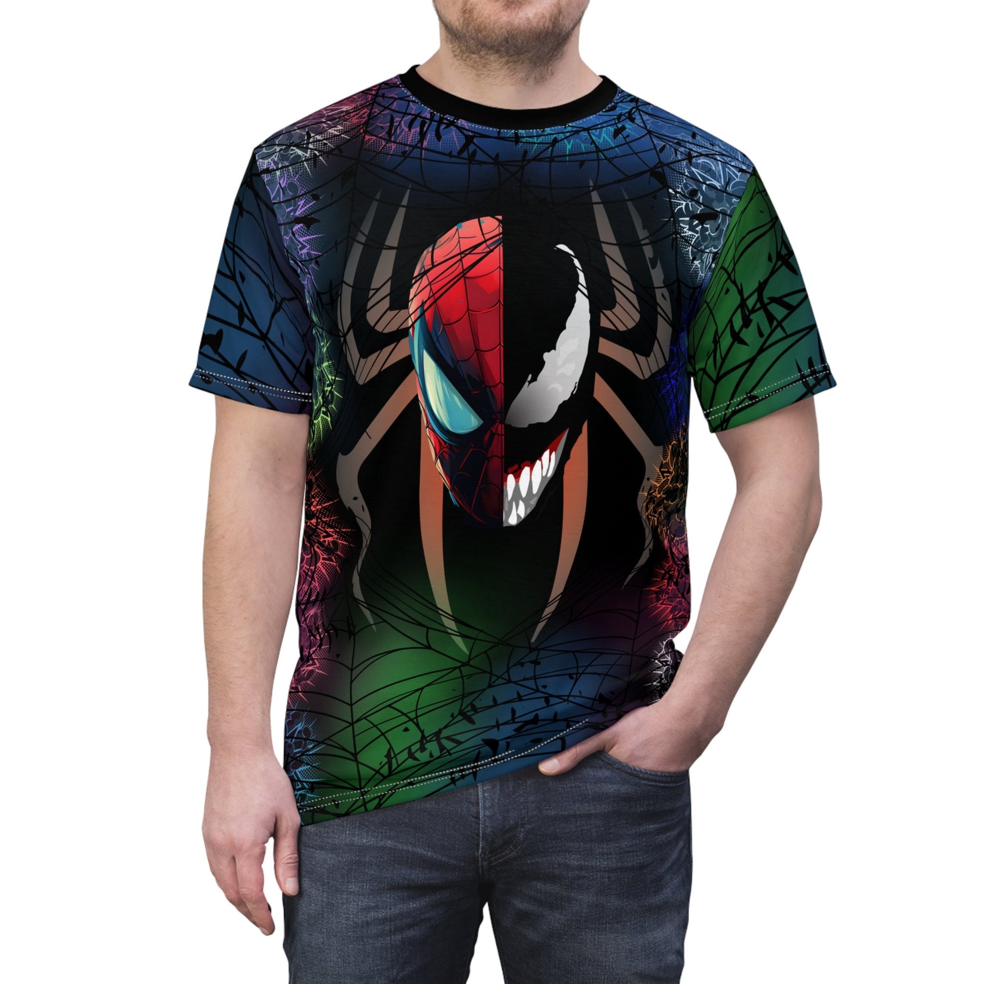 Colorful Spiderman-Venom Theme "All Over Print" Unisex Cut & Sew T-Shirt